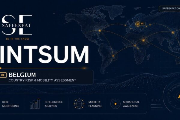 SafeExpat INTSUM Belgium country risk and mobility assessment cover with world map, intelligence network, and Belgium focus marker.