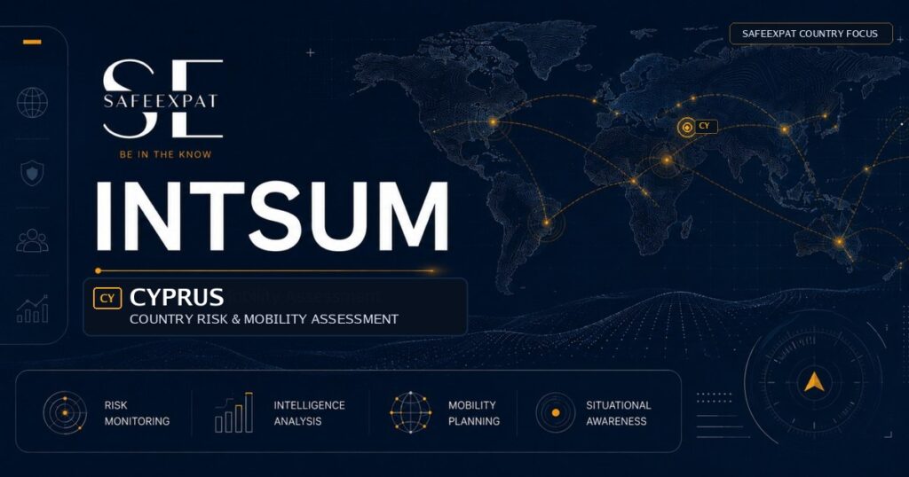 SafeExpat INTSUM Cyprus country risk and mobility assessment cover with world map, intelligence network, and Cyprus focus marker.