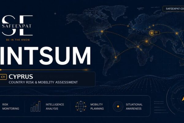 SafeExpat INTSUM Cyprus country risk and mobility assessment cover with world map, intelligence network, and Cyprus focus marker.