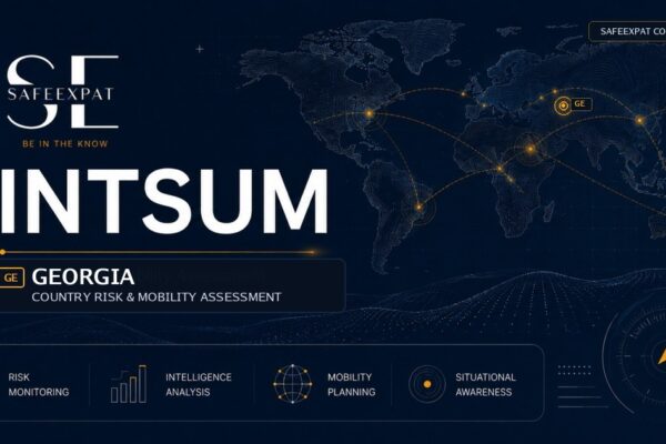 SafeExpat INTSUM Georgia country risk and mobility assessment cover with world map, intelligence network, and Georgia focus marker.