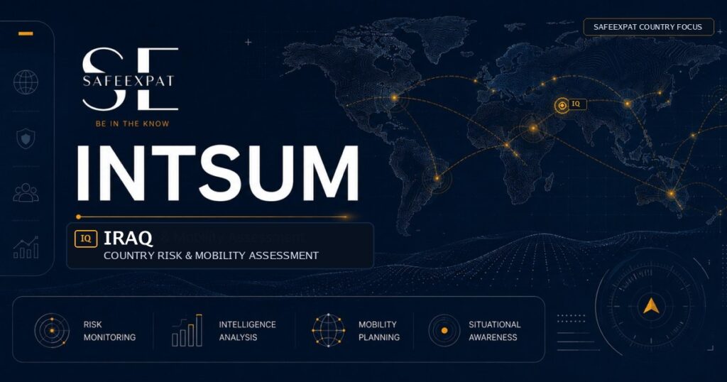 SafeExpat INTSUM Iraq country risk and mobility assessment cover with world map, intelligence network, and Iraq focus marker.