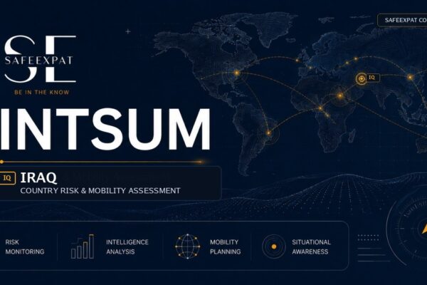 SafeExpat INTSUM Iraq country risk and mobility assessment cover with world map, intelligence network, and Iraq focus marker.