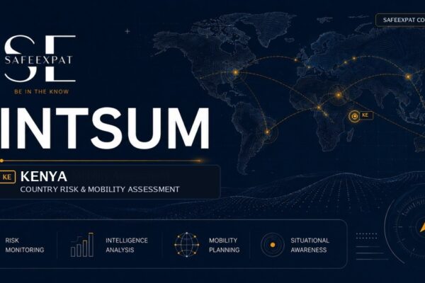 SafeExpat INTSUM Kenya country risk and mobility assessment cover with world map, intelligence network, and Kenya focus marker.