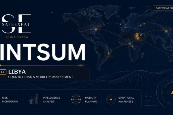 SafeExpat INTSUM Libya country risk and mobility assessment cover with world map, intelligence network, and Libya focus marker.
