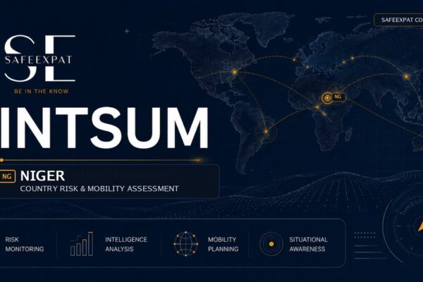 SafeExpat INTSUM Niger country risk and mobility assessment cover with world map, intelligence network, and Niger focus marker.