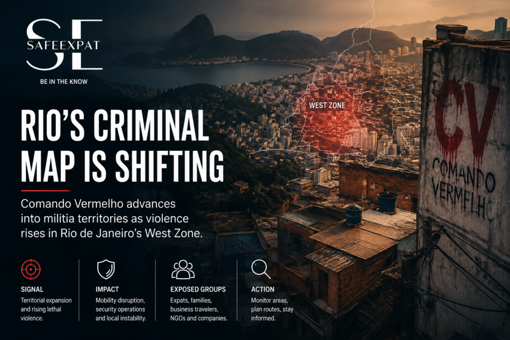 Rio de Janeiro security analysis showing Comando Vermelho expansion into militia-controlled areas of the West Zone