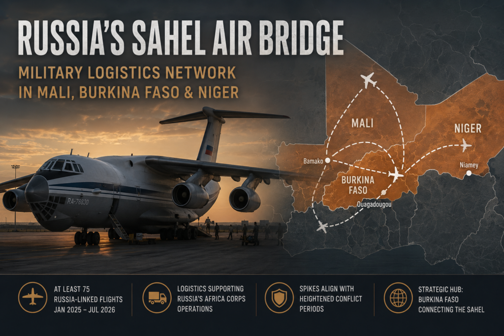 Russian military cargo aircraft and Sahel map showing logistics routes between Mali, Burkina Faso and Niger