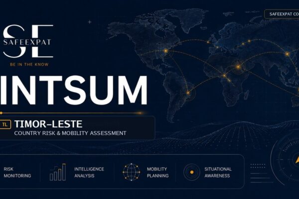 SafeExpat INTSUM Timor-Leste country risk and mobility assessment cover with world map, intelligence network, and Timor-Leste focus marker.