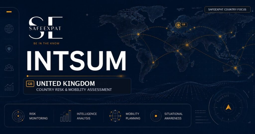 SafeExpat INTSUM United Kingdom country risk and mobility assessment cover with world map, intelligence network, and UK focus marker.