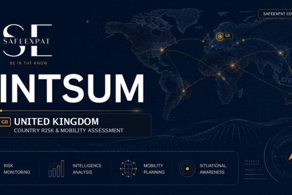 SafeExpat INTSUM United Kingdom country risk and mobility assessment cover with world map, intelligence network, and UK focus marker.