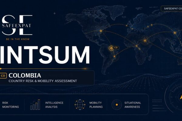 SafeExpat INTSUM Colombia country risk and mobility assessment cover with world map, intelligence network, and Colombia focus marker.