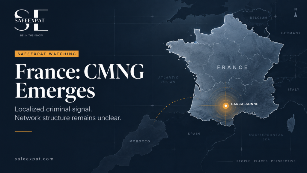 SafeExpat WATCHING map of France highlighting Carcassonne and the emerging CMNG criminal network signal