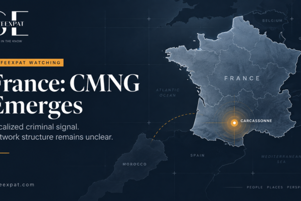 SafeExpat WATCHING map of France highlighting Carcassonne and the emerging CMNG criminal network signal