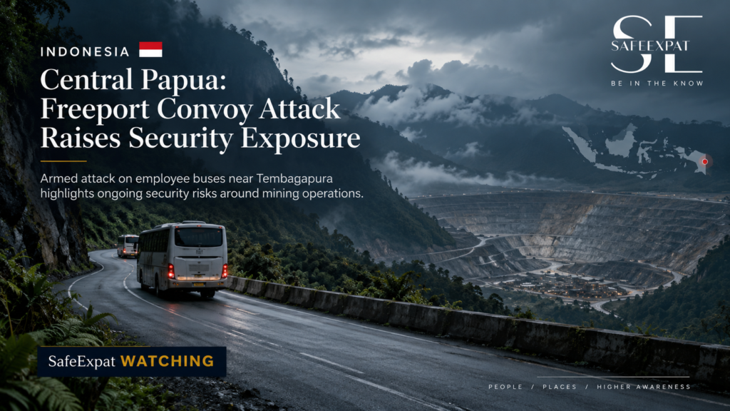 Freeport employee convoy on a mountain road near Tembagapura, Central Papua, illustrating mining security risk